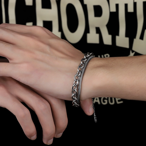 Bracciale Doppio Strato Avvolgente in Acciaio al Titanio Hip Hop Uomo Donna Catena a Serpente Argento Gioielli Moda Versatili