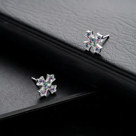 Silver Plated Multi-color Rhinestone Cross Stud Earrings Geometric Trendy Fashion Jewelry For Men Women Unisex Ear Studs