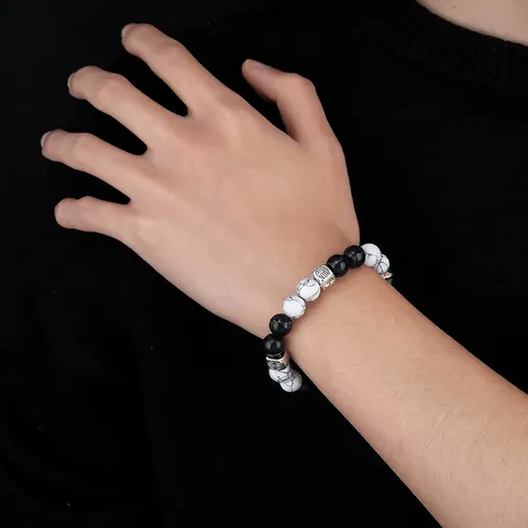 Men White Turquoise Beaded Bracelet Black White Round Stone Bracelet With Alloy Spacer Beads Ethnic Style Luck Jewelry