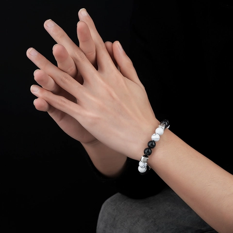 Men White Turquoise Beaded Bracelet Black White Round Stone Bracelet With Alloy Spacer Beads Ethnic Style Luck Jewelry