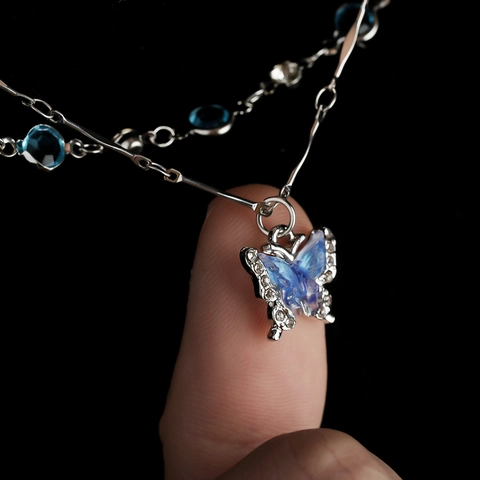 Fashion Layered Butterfly Pendant Necklace For Men Women Alloy Blue Zirconia Double Chain Choker Jewelry Accessories Gift