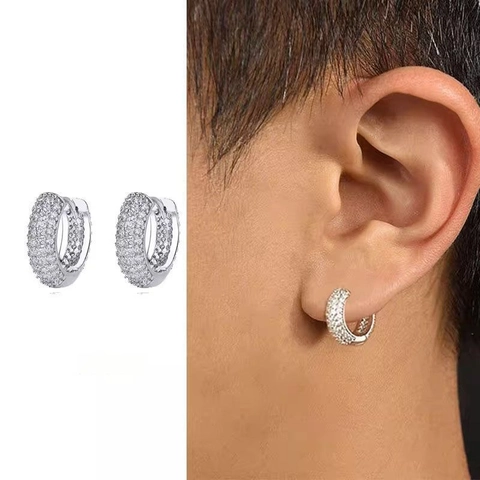 Hip Hop Street Style Full Rhinestone Hoop Earrings For Men Women 925 Sterling Silver Post Geometric Copper Ear Studs Jewelry