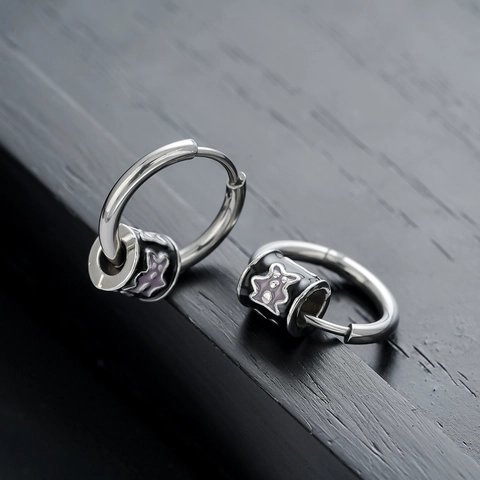 Vintage Titanium Staal Creolen Voor Mannen Vrouwen Unisex Zwarte Emaille Kraal Sterrenpatroon Geometrische Creolen Oorbellen Mode Sieraden