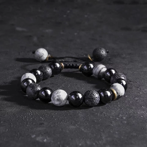 Men's Obsidian Volcanic Rock Beaded Bracelet Ethnic Handmade Adjustable Lava Stone Bracelet Minimalist Jewelry Gift