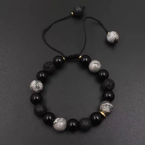Men's Obsidian Volcanic Rock Beaded Bracelet Ethnic Handmade Adjustable Lava Stone Bracelet Minimalist Jewelry Gift