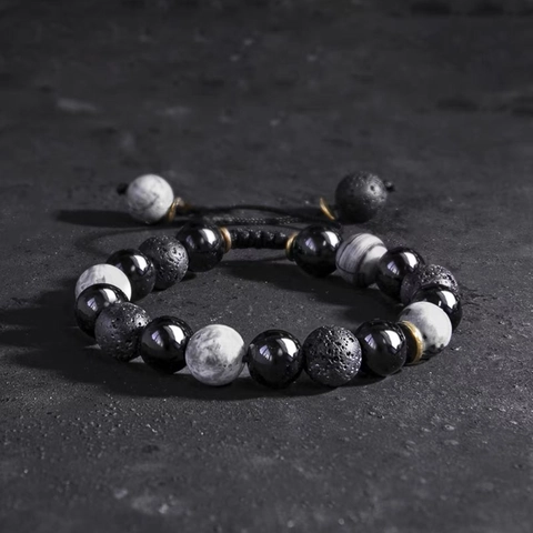 Bracelet pour Hommes Vintage en Obsidienne et Pierre de Lave Réglable Fait à la Main Corde Tressée Motif Marbre Bijoux Cadeau