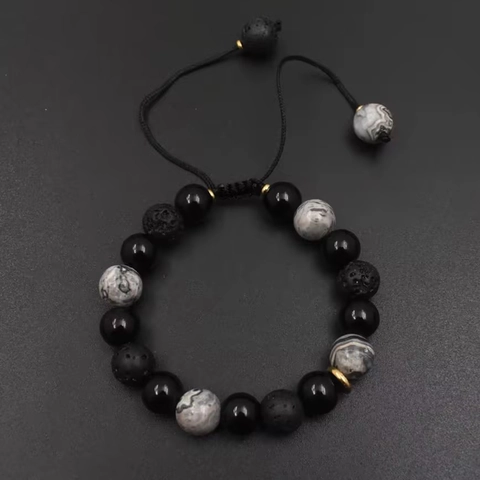 Bracelet pour Hommes Vintage en Obsidienne et Pierre de Lave Réglable Fait à la Main Corde Tressée Motif Marbre Bijoux Cadeau