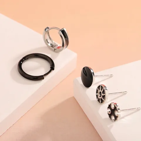 Orecchini a Bottone e Cerchio in Acciaio Inossidabile Smaltato per Uomo Donna Minimalista Croce Sole Geometrico Argento Nero Gioielli di Moda Unisex