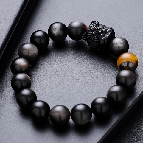 Men Beaded Bracelet Amber Tiger Eye Obsidian Pixiu Ethnic Handmade Protection Wealth Good Luck Gift Bracelet Men Jewelry