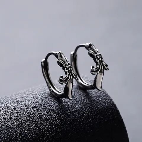 Men Retro Silver Color Copper Huggie Earrings With Engraved Cross Fleur-de-lis Pattern Gothic Hip Hop Style