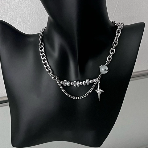 Collana a Catena Giuntata in Acciaio al Titanio Vintage per Uomo Donna Y2K Punk Croce Ciondolo a Stella a Quattro Punte Gioielli