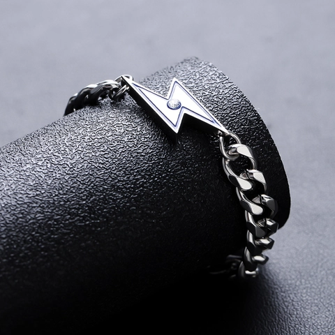 Pulsera de Eslabones Cubanos de Acero de Titanio Hip Hop con Rayo Color Plata y Diamantes de Imitación para Hombre y Mujer
