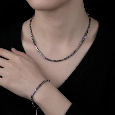 Trendy Roestvrij Staal Hematiet Geometrische Kubuskraal Halsketting Armband Set Irillerend Meerkleurig Sieraden Voor Mannen Vrouwen