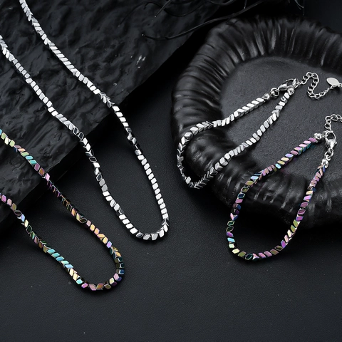 Minimalistische Titanium Staal Geometrische Kubus Kralen Ketting Armband Set Iriserende Regenboog Hematiet Sieraden Voor Mannen Vrouwen Trend