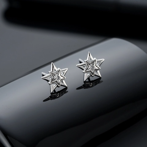 Orecchini a Bottone a Pentagramma in Rame e Strass di Moda per Uomo Donna Gioielli Geometrici a Stella a Doppio Strato Placcati in Argento