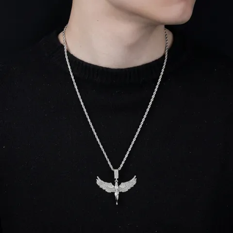 Collana con Ciondolo Ala d'Angelo Hip Hop Acciaio al Titanio Lega Strass Pavé Catena a Corda Uomo Donna Gioielli Regalo Argento