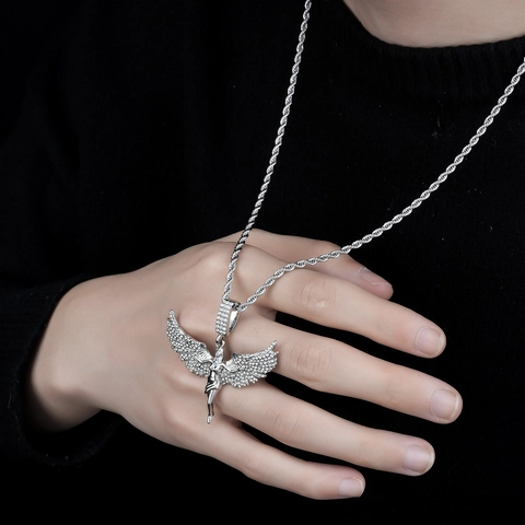 Collana con Ciondolo Ala d'Angelo Hip Hop Acciaio al Titanio Lega Strass Pavé Catena a Corda Uomo Donna Gioielli Regalo Argento