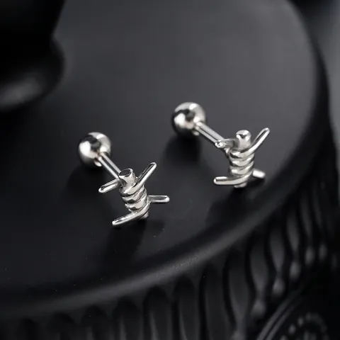 Punk Titanium Steel Barbed Wire Knot Stud Earrings For Men Women Gothic Industrial Style Silver Color Screw Back Ear Jewelry