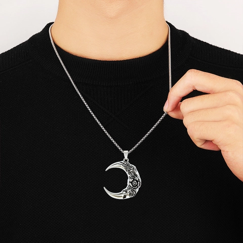 Vintage Rose Moon Pendant Necklace For Men Women Titanium Steel Alloy Antique Silver Gothic Dark Style Crescent Necklace Jewelry