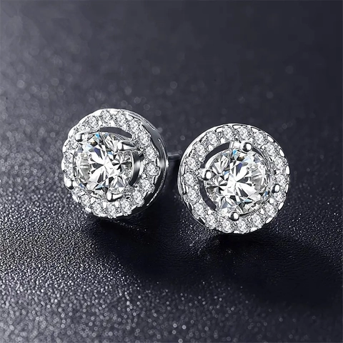 Pendientes de Botón Halo Redondos Clásicos Con Poste de Plata de Ley 925 Cobre Galvanizado Joyería Brillante