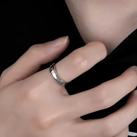 Minimalist Silver Plated Copper Buckle Design Adjustable Ring Rhinestone Geometric Industrial Style Unisex Opening Finger Ring