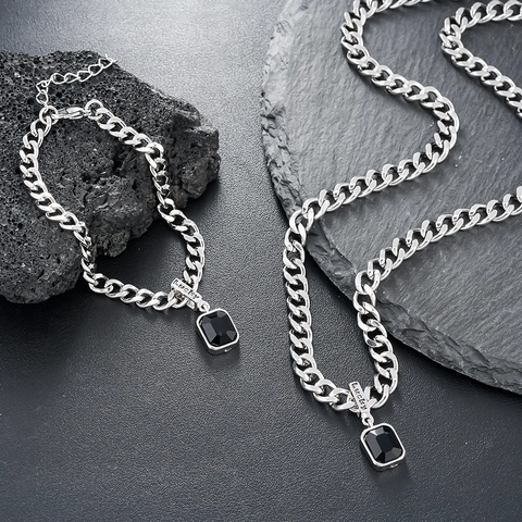 Collana Bracciale A Catena Cubana Ciondolo Occhio Di Tigre Pietra Rhinestone Nero Gioielli Acciaio Inossidabile Lucky Tag Unisex