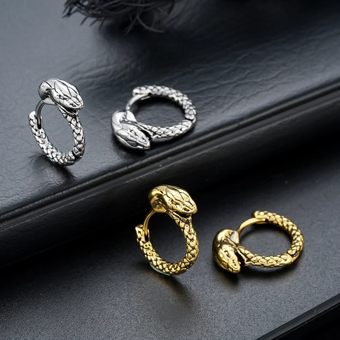 Retro Gothic Copper Snake Hoop Earrings For Men Women Unisex Vintage Punk Animal Pattern Gold Silver Plated Jewelry Gift