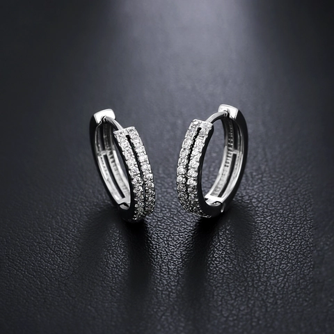 Luxury Copper Double Row Rhinestone Hoop Earrings For Women Men Silver Color Geometric Round Ear Buckle Fashion Jewelry