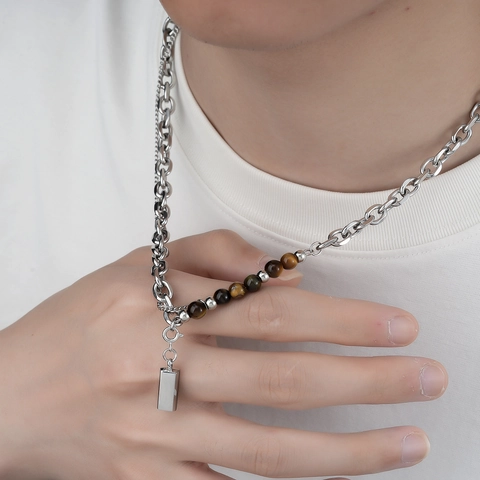 Titanium Steel Tiger Eye Stone Necklace For Men Women Double Layered Cuban Chain Rectangular Pendant Retro Industrial Jewelry