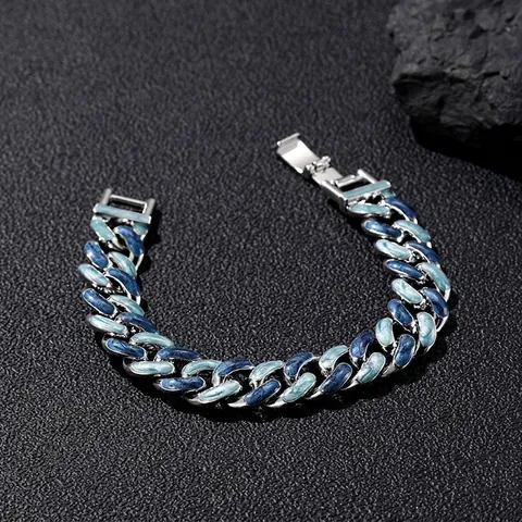Vintage Alloy Starry Blue Enamel Drip Oil Cuban Link Bracelet For Men Women Silver Plated Hip Hop Streetwear Jewelry Accessories