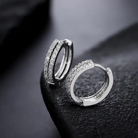 Luxury Copper Double Row Rhinestone Hoop Earrings For Women Men Silver Color Geometric Round Ear Buckle Fashion Jewelry