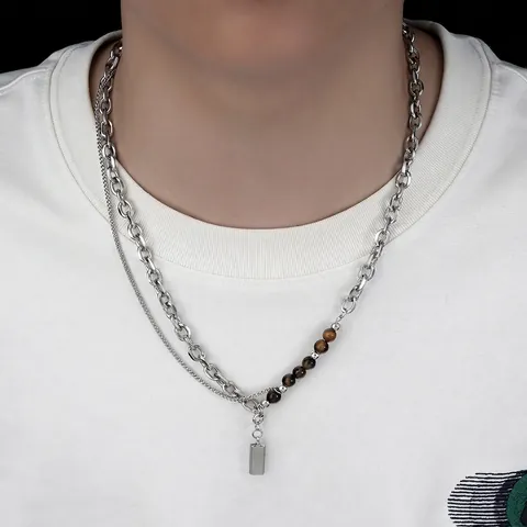 Titanium Steel Tiger Eye Stone Necklace For Men Women Double Layered Cuban Chain Rectangular Pendant Retro Industrial Jewelry