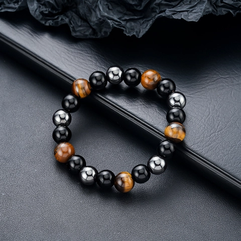 Naturstein Perlenarmband Für Herren Dreifarbig Obsidian Tigerauge Hämatit Handgemacht Minimalistisch Elastisch Schmuck Geschenk