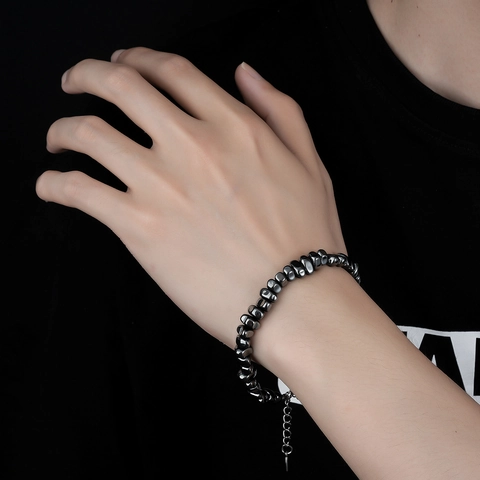 Neuer Chinesischer Stil Zerstoßenes Silber Spleißen Hämatit Armband Minimalismus Titanstahl Verstellbare Perlen Handkette Für Herren Damen