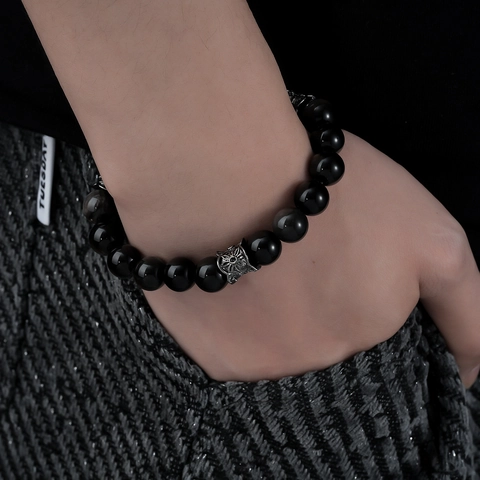 Natural Silver Obsidian Beaded Bracelet For Men Women Handmade Vintage Ethnic Style Alloy Flower Spacer Beads Hand Jewelry Luck Gift