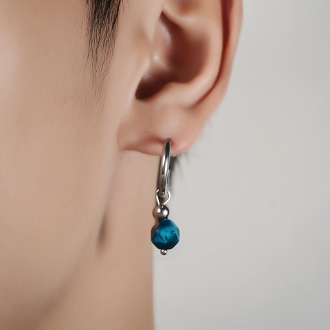 Boucles d'Oreilles Anneaux Géométriques Unisexes Rétro avec Perles en Pierre Bleue pour Hommes Femmes Clip d'Oreille Alliage