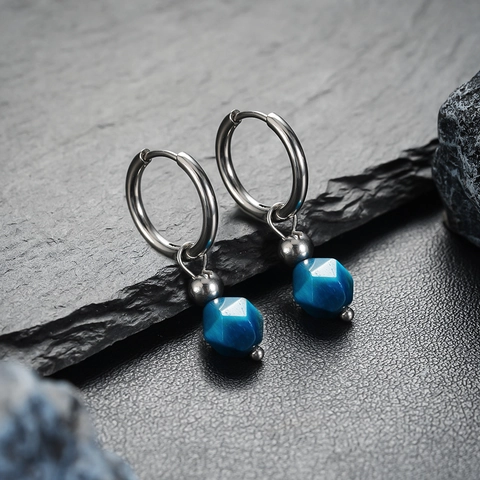Boucles d'Oreilles Anneaux Géométriques Unisexes Rétro avec Perles en Pierre Bleue pour Hommes Femmes Clip d'Oreille Alliage