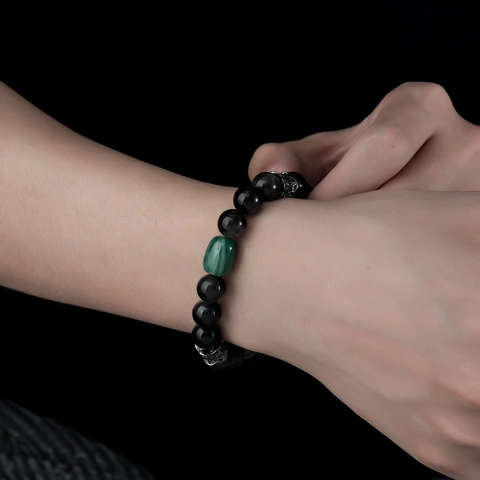 Natural Silver Obsidian Beaded Bracelet For Men Women Handmade Vintage Ethnic Style Alloy Flower Spacer Beads Hand Jewelry Luck Gift