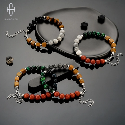 Vintage Titanium Steel Natural Stone Beaded Bracelet For Men Women Handmade Retro Multicolor Tiger Eye Agate Hand Jewelry