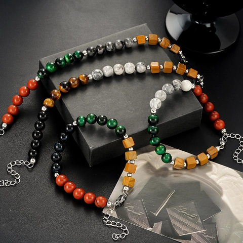 Vintage Titanium Steel Natural Stone Beaded Bracelet For Men Women Handmade Retro Multicolor Tiger Eye Agate Hand Jewelry