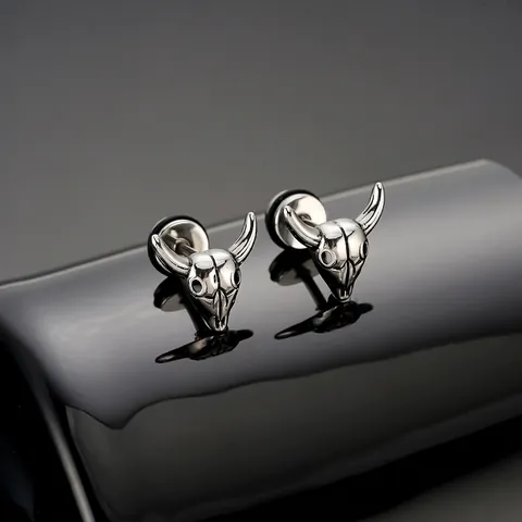 Gothic Titanium Steel Goat Head Bone Stud Earrings For Men Women Punk Animal Skull Jewelry Hip Hop Ear Stud Silver Color