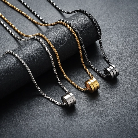 Minimalist Titanium Steel Cylindrical Pendant Necklace For Men Women Grooved Design Geometric Box Chain Jewelry Gift