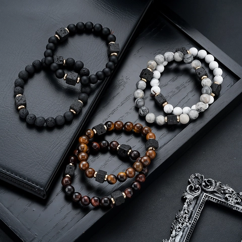 Natural Stone Beaded Bracelet Lava Stone Tiger Eye Agate Matte Stone Elastic Charm Bracelet Vintage Fashion Jewelry For Unisex