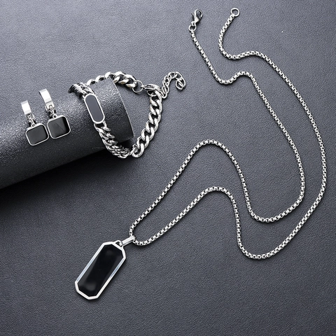 Minimalistische Titanstahl Halskette Mit Schwarzem Rechteck Anhänger Geometrischer Industrie-Stil Modeschmuck Für Herren