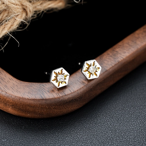 Orecchini a Bottone Esagonali in Rame Moderni Minimalisti Geometrici con Strass Galvanizzati Gioielli Piercing Unisex