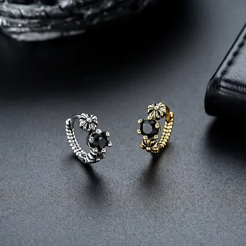 Orecchini a Cerchio in Rame Vintage con Croce e Corona Perno in Acciaio Inossidabile Strass Nero Punk Gothic Gioielli per Uomo Donna