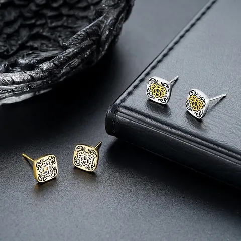 Boucles d'Oreilles Clous en Cuivre Vintage Lotus Carré Géométrique Nouveau Style Chinois Bijoux de Mode pour Hommes Femmes
