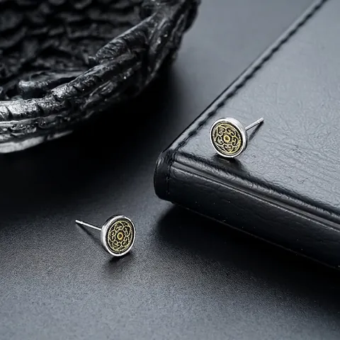Boucles d'Oreilles Clous Rondes Mandala Vintage Cuivre Plaqué Or Argent Motif Géométrique Bijoux Unisexe Punk Hip Hop
