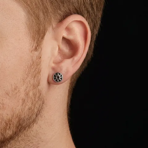 Vintage Copper Sun God Totem Round Stud Earrings For Men Women 925 Sterling Silver Post Geometric Unisex Punk Goth Jewelry