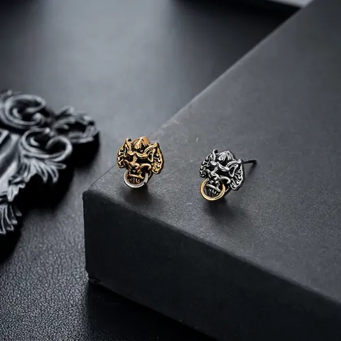 Vintage Chinese Style Copper Beast Head Door Ring Stud Earrings Gothic Punk Auspicious Animal Earrings For Men Women Jewelry